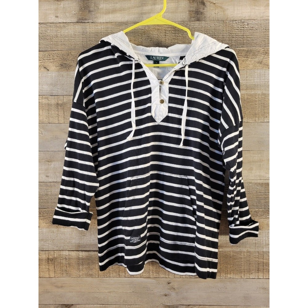 Lauren Ralph Lauren Womens LRG Henley Style Sweater Black White Striped Ladies